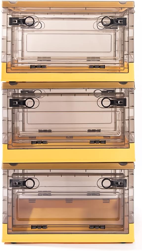 Best Home Fashion 3 packs Storage Bins Side Opening Stackable Lid Collapsible Foldable Easy Tidy Up with Storage Box Ideal for Home &amp Office Organization Storage Cube (Small Yellow)
