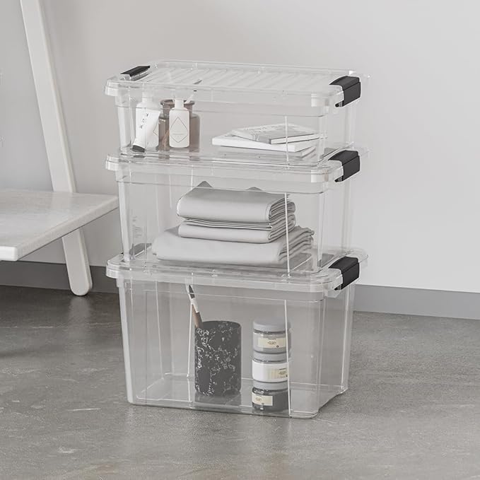 Superio Storage Bins with Lids- 4 Pack 1.85 Qt Clear Boxes for Organizing Stackable Plastic Containers- BPA Free Non-Toxic Odor Free Organizer for Home Office Dorm