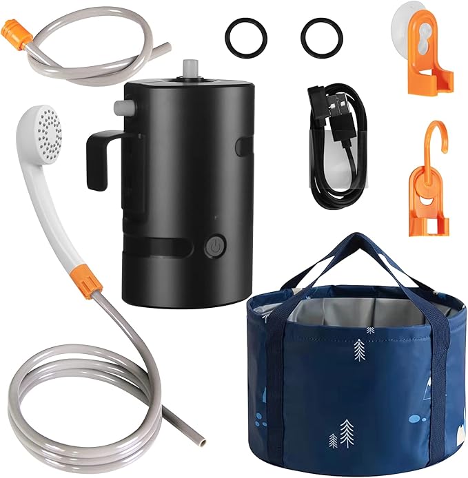 Portable Camping Shower Built-in 4400mAh USB Rechargeable IPX7 Waterproof Battery Shower Pump+Collapsible Bucket for Family Camp Hiking Backpacking Travel Beach Pet Flowering Outdoor