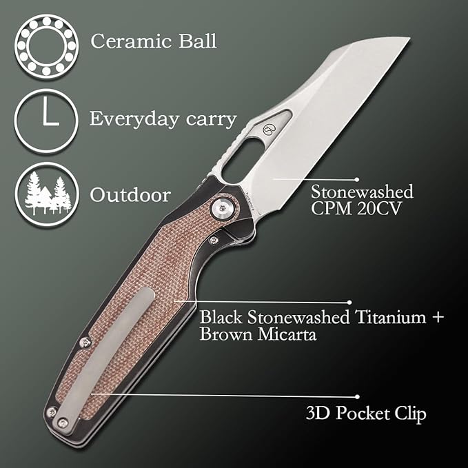 KANSEPT Tuckamore Camping Pocket Knives for Men 8.12in Folding Knives with 3.54in Stonewashed CPM 20CV Material and Black Stonewashed Titanium Brown Micarta Handle for Outdoor Tactical Survival K105