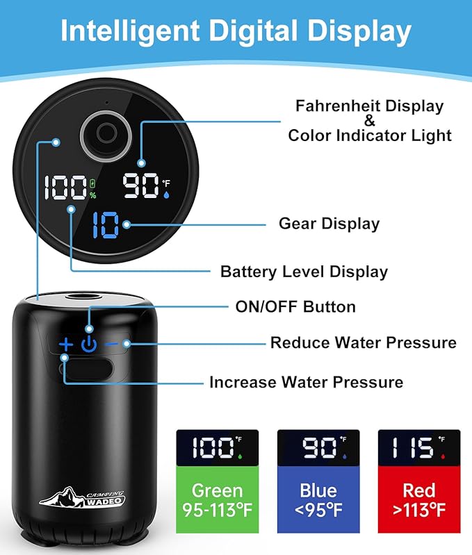 2026 Upgraded Portable Shower for Camping 8000mAh Rechargeable Camping Shower with Fahrenheit Display 10 Gear Switching IPX8 Waterproof Ideal for Outdoor Camping Travel Car Washing Pet Bathing