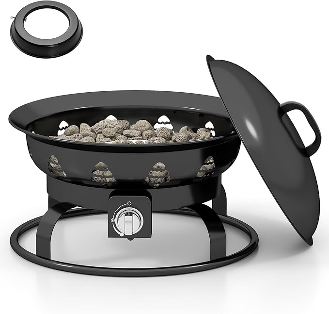 Giantex Portable Propane Fire Pit 21 Inch Smokeless Fire Bowl with Cover Natural Lava Rocks Tank Holder 58000 BTU Round Outdoor Gas Firepit for Outside Camping Patio Yard