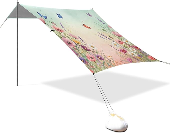 Wildflowers Beach Canopy Sun Shelter with Sandbags &amp Sand Shovel &amp Windproof Ropes - Portable 110x126 Beach Shade Beach Tent for Camping Picnics