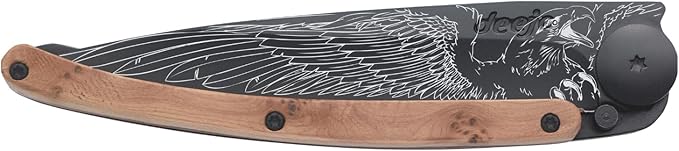 deejo - 37G Folding Pocket Knife with Belt Clip - Eagle Design 3.7-Inch Stainless Steel Blade Black Titanium Finish Juniper Wood Handle - Lightweight Everyday Carry for Home Work and Outdoor Use