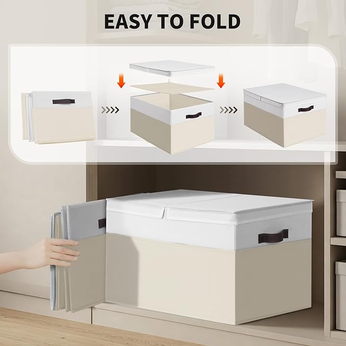 2 Pack EXTRA LARGE Blanket Storage Baskets with Lids 22”x16”x12” Closet Organizers Bins for Clothes Towel/ Toy Storage Box with Lid Handles/ Stackable Decorative Fabric Bins for Living Room Nursery