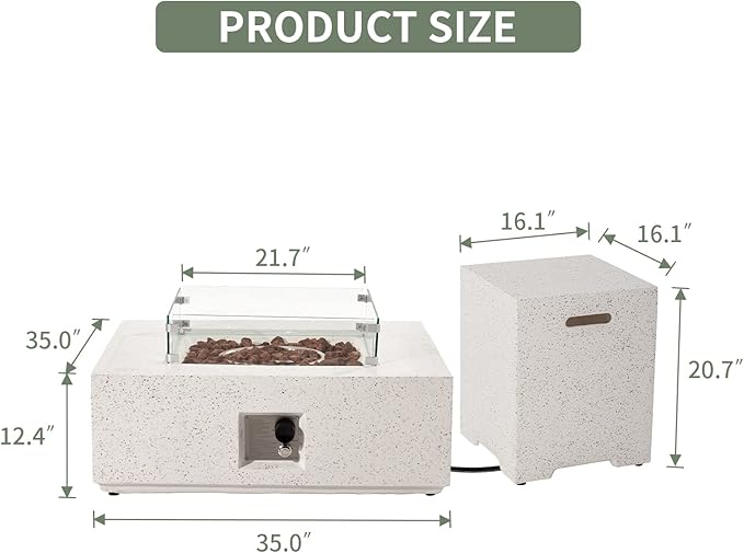 COSIEST 35-inch Square Outdoor Sandstone Propane Fire Pit w Wind Guard and Side Table Certified 50000 BTU Stainless Steel Burner Free Lava Rocks and Rain Cover Metal Lid(Beige)