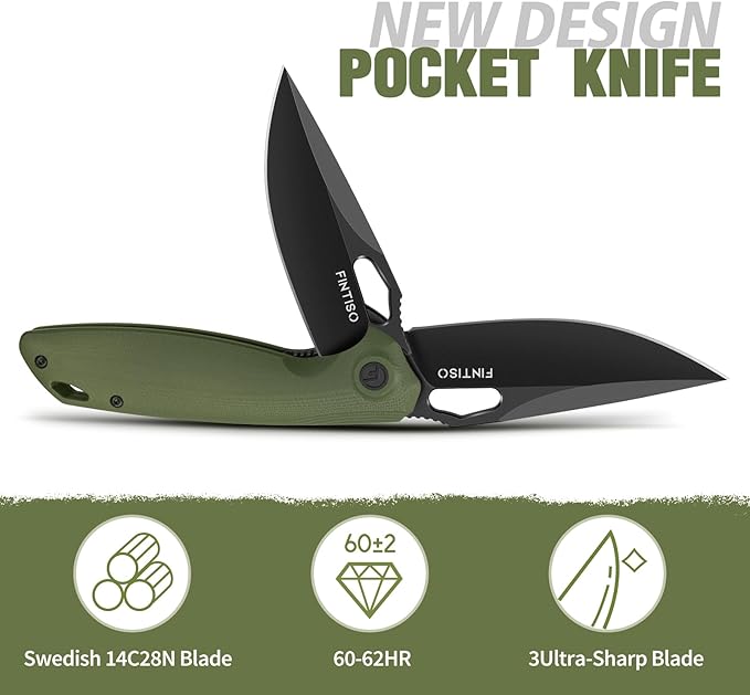 FINTISO Pocket Knife 3.38 Folding Knife Premium 14C28N Blade with G10 Handle Camping Survival Hiking Knife Best Gift for Men Women Atlas Series