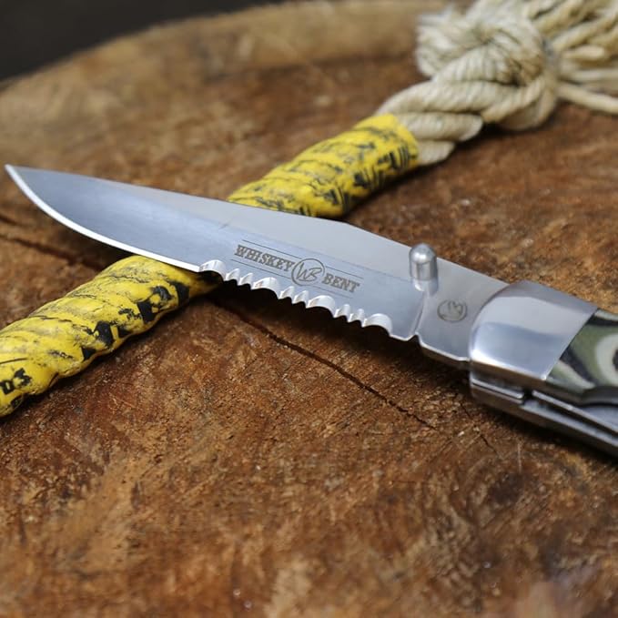 WHISKEY BENT HAT CO. Locking Trapper Folding Pocket Knife 4.125 Closed Length 440C Stainless Steel Blades (Brown Fang - Serrated)