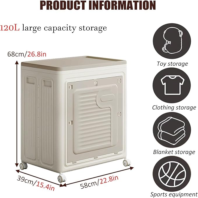 Folding Large Storage Box With Flip Lid And Wheels Home Closet Organiser Plastic Storage Bin Clothes Blanket Storage Cabinet 80/120L ﻿(58x39x68cm)
