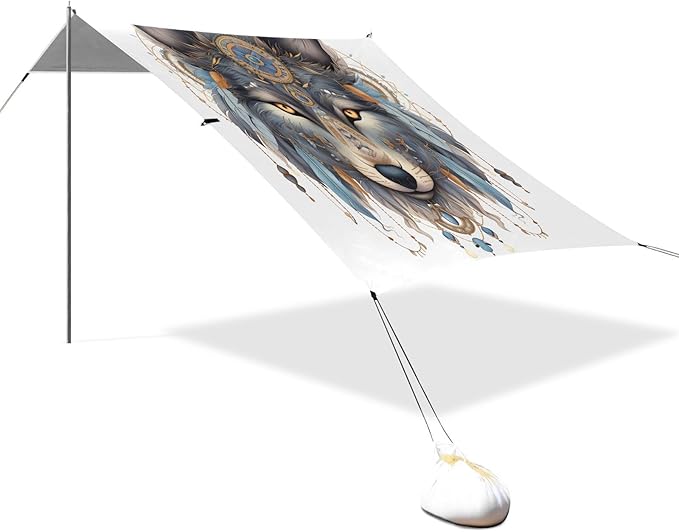 ALAZA Wolf Boho Dreamcatcher Beach Tent Sun Shelter UPF50+ Protection Beach Shade Canopy w/ 4 Sandbags for Outdoor Camping Fishing Backyard Fun Picnic 10x9 ft