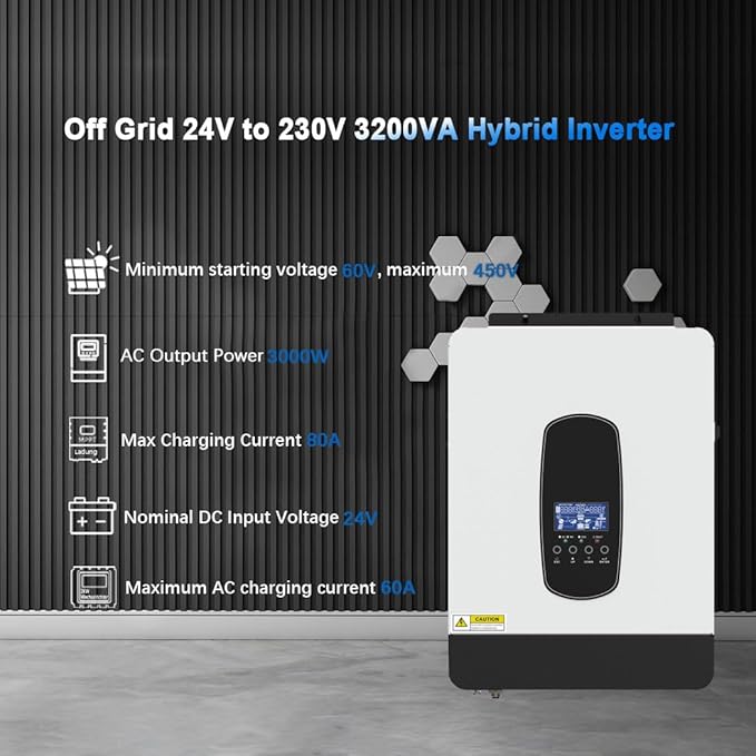 Y&ampH 3200W Solar Hybrid Inverter DC24V to AC230VOff-Grid Pure Sine Wave Inverter with 80A MPPT Solar Charger+AC ChargerMax PV 3000W DC55-450V Inputfit for 24V Lead-Acid/Lithium Battery