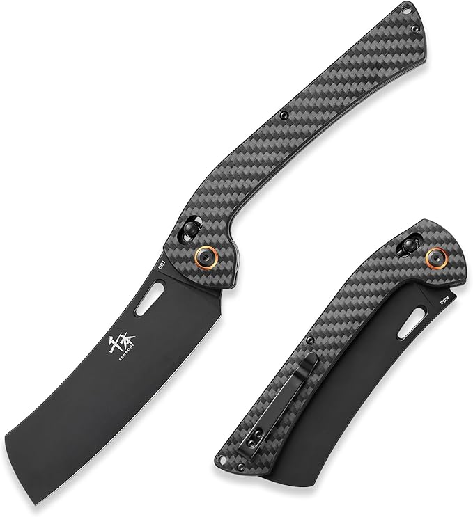 SENBON foldable chef's knife AUS-8 stainless steel with black titanium plating carbon fiber handle with back clip portable outdoor folding fruit knife
