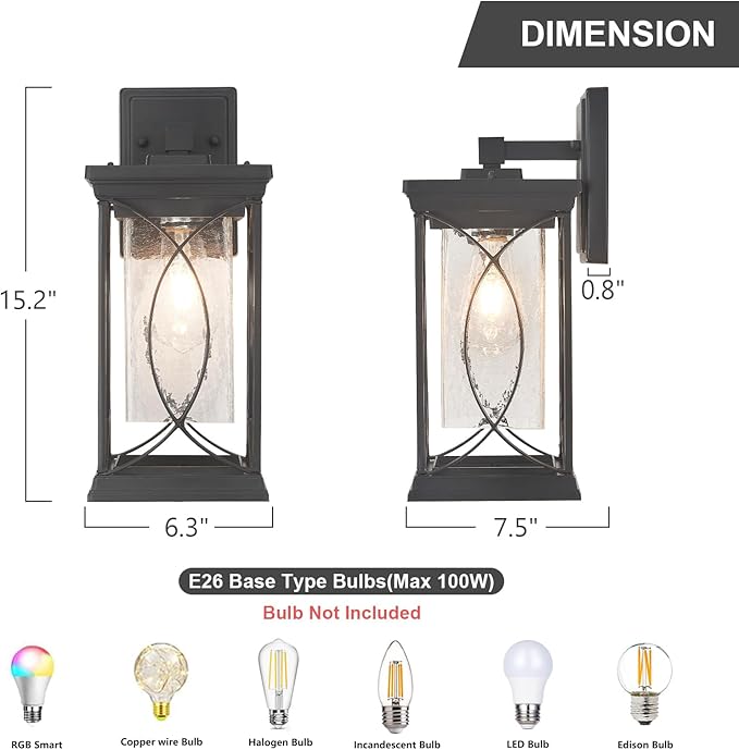 Refice Aluminum 15.2 Outdoor Wall Light IP65 Waterproof Outside Lights for House with Rippled Glass Shade Black Exterior Lighting Fixtures for Patio Garage Front Door Garden &amp Porch 1 Pack
