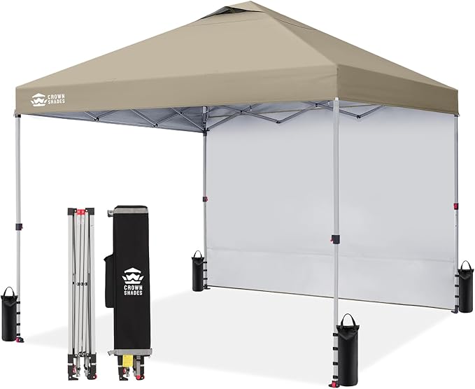 CROWN SHADES 12x12 Pop Up Canopy Tent Instant Commercial with 150D Silver Coated Fabric Including 1 Removable Sidewall 4 Ropes 8 Stakes Weight Bags STO 'N Go Bag Beige