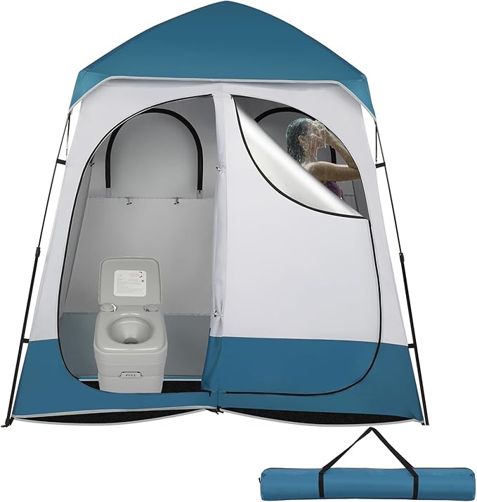 2 Room Pop Up Privacy Shower Tent 7.5 FT Changing Room Tent with Floor and Carry Bag Sun Shade Canopy Outdoor Rain Shelter for Portable Toilet Camping Dressing Hiking Beach (Blue and White)