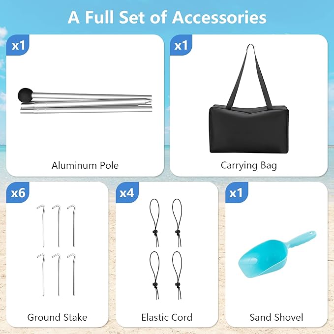 Tangkula Beach Canopy Tent UPF50+ Beach Sun Shade with Sand Shovel 6 Ground Pegs 6 Sandbags Supporting Pole Carry Bag Pop Up Beach Sun Shelter for Camping Fishing Trip