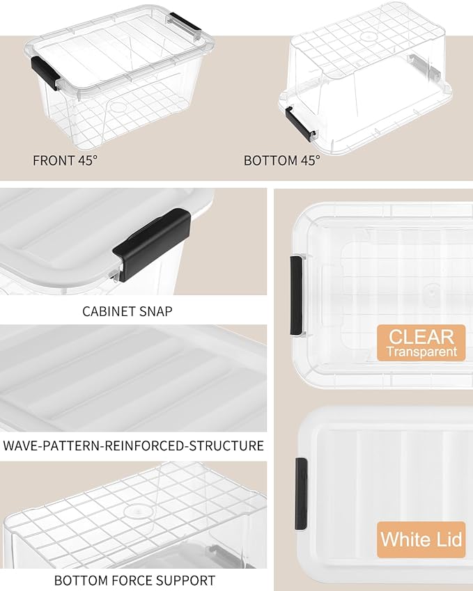 EOENVIVS 6 Pack Clear Storage Bins with Black Buckle and Handle Lids and 6 Pack Clear Storage Bins with Buckle Llids 7 Quart