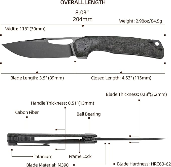 Pocket Knife 3.5 M390 Blade Folding Knife Hunting Knife Survival Knife with Pocket Clip EDC Knives for Hunting Camping Survival Outdoor Fishing Hiking (Black&ampGreen)