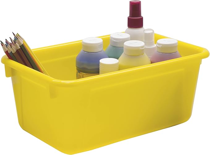 Storex Small Cubby Bins – Plastic Storage Containers for Classroom with Non-Snap Lid 12.2 x 7.8 x 5.1 inches Yellow 5-Pack (62410A05C)