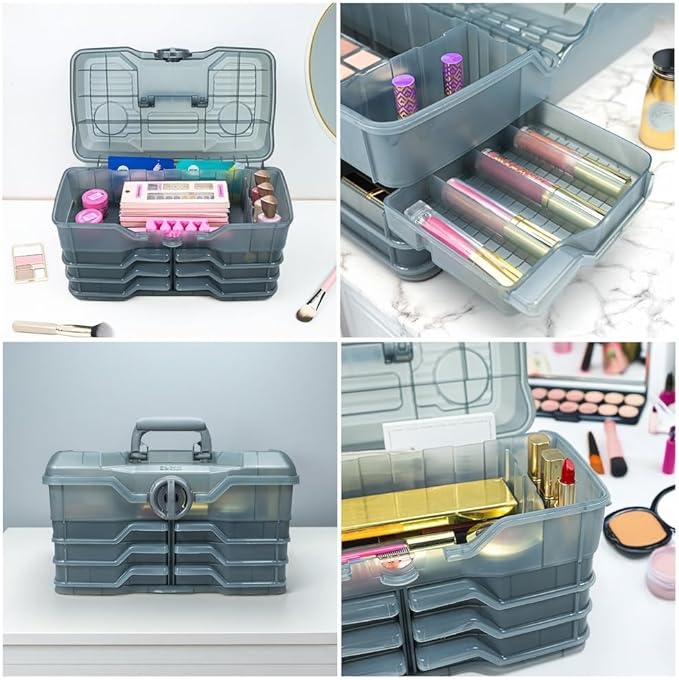 Best Kept | Portable Cosmetic Organizer with Compartments | Makeup Organizer Box For Vanity | Skin Care | Jewelry | Cosmetic Train Case | Hair &amp Grooming Storage Case | Dark Grey