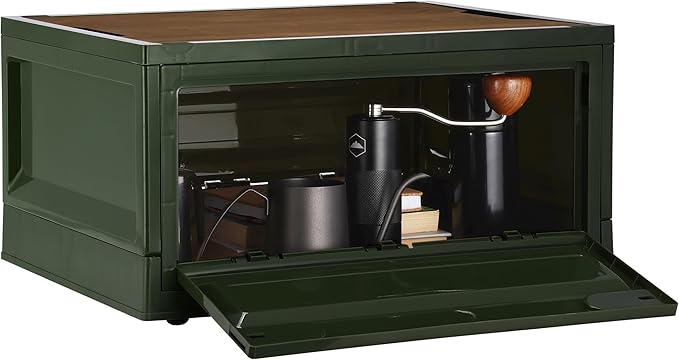 Navaris Camping Storage Box Green - 35L Foldable Bin with Pine Wood Lid - Collapsible Folding Crate - Easy to Disassemble Plastic Storage Crates - Stackable Design with Wheels