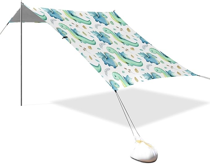 xigua Cartoon Dragons Beach Tent Sun Shelter with Carrying Bag - Silver Coated Oxford Fabric Beach Canopy for Beach Camping Fishing - Includes Windproof Ropes Sandbags &amp Stakes