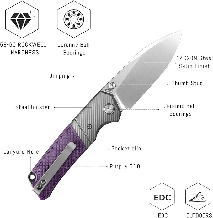 XUN125-PGS Pocket Folding Knife for Man 3.27 14C28N Steel Satin Blade for Camping &amp FishingReversible Clip