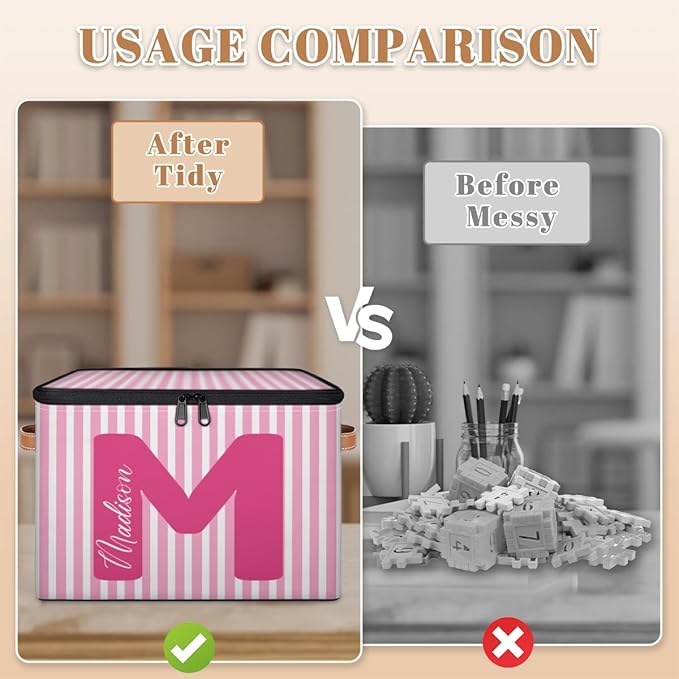 Custom Memory Storage-Bin for Kids Personalized Stripe Keepsake Storage Basket with Handle Lid Large CapacityFolable Fabric Box Decorative for Family