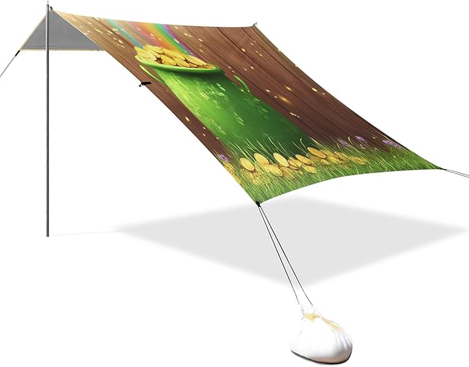St Patrick's Day Rainbow Coins Pot Beach Tent Sun Shelter Set UPF50+ UV Protection 10.5 x 9.19 FT Camping Shade Canopy with Sandbags Sand Anchors Carrying Bag and Others