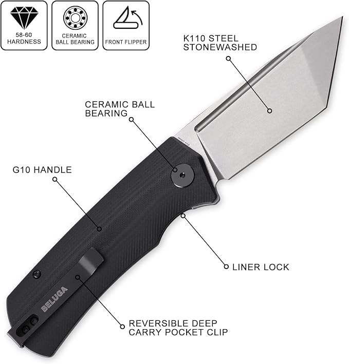Petrified fish PFP01T Beluga3.58 K110 Stonewashed Blade Front Flipper Liner lock Folding knife (Black G10 Stonewashed)
