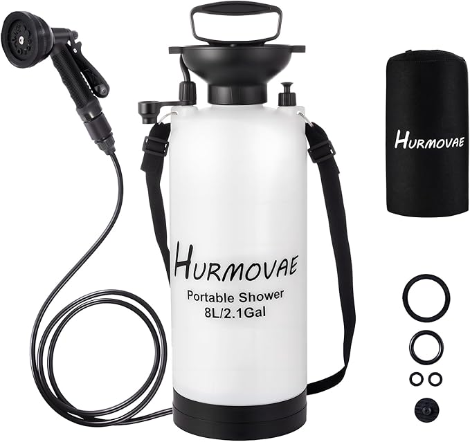 2.1 Gallon (8L) Portable Shower 10 Spray Modes Pressurized Beach Shower with Nylon Insulated Sleeve Camping Shower for Travel &amp Sand Rinse Surf Shower Portable Water Sprayer White