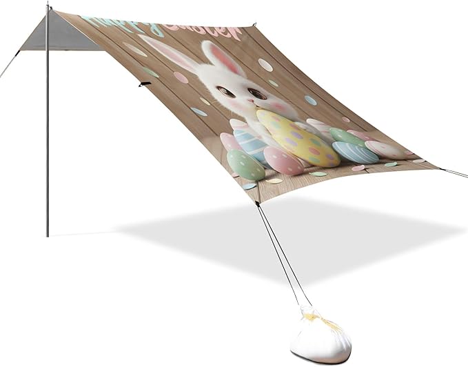 Happy Easter Beach Canopy Sun Shelter with Sandbags &amp Sand Shovel &amp Windproof Ropes - Portable 110x126 Beach Shade Beach Tent for Camping Picnics