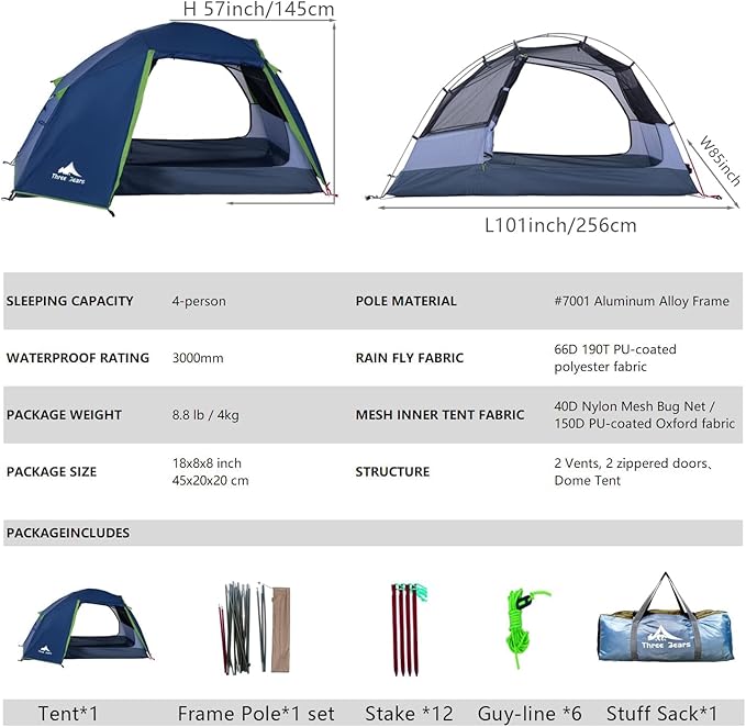 ThreeBears 4-Person Backpacking Tent Shelter 3000mm Waterproof Easy Setup Spacious for Family Outdoor Adventures Hiking and Camping Trips