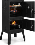 ROVSUN 2-in-1 Outdoor Smoker with Double Doors Vertical Portable Charcoal Grill with Two Detachable Grill Smoking Racks and Charcoal Pan Perfect for Camping Barbecue Black