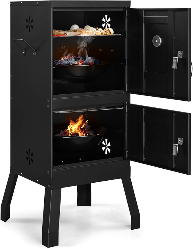 ROVSUN 2-in-1 Outdoor Smoker with Double Doors Vertical Portable Charcoal Grill with Two Detachable Grill Smoking Racks and Charcoal Pan Perfect for Camping Barbecue Black