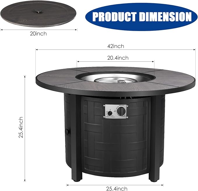 TLSUNNY 42in Propane Fire Pit Table 50000 BTU Auto-Ignition Outdoor Patio Fire Pit with Waterproof Cover Blue Fire Glass &amp Convertible Lid – CSA Certifiedfor Patio BalconyGarden