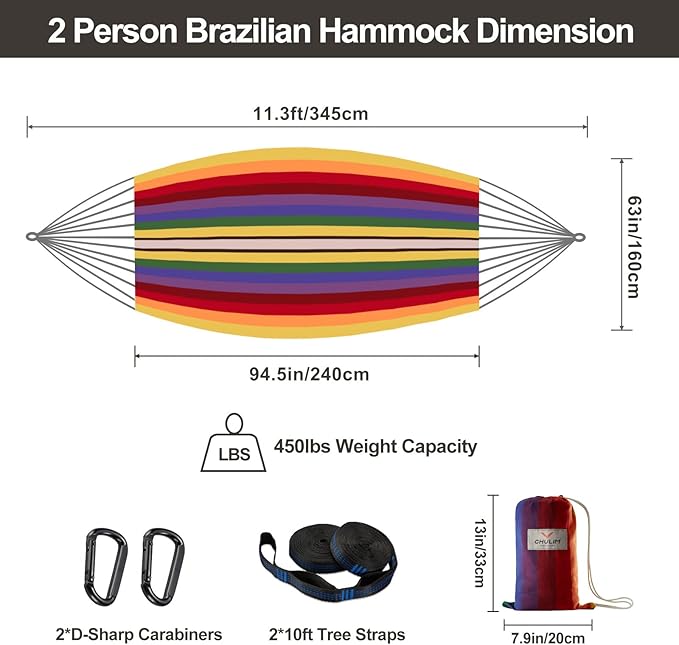 CHULIM Brazilian Double Hammock with Tree StrapsExtra Large 240x160cm2 Persons Hammock for Backyard Patio Outdoor and Indoor450lbs Weight CapacitySoft Woven Cotton Fabric