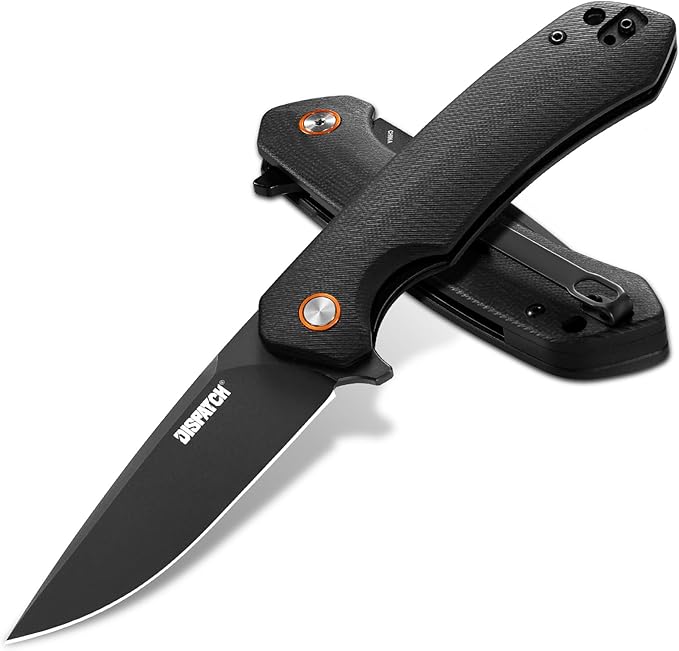 DISPATCH Black EDC Folding Knife with 3.3'' D2 Steel Blade Flipper Pocket Knife for Men Gifts Ball Bearing Liner Lock CNC G10 Handle and Reversible Clip for Tactical Camping Hiking and Everyday C