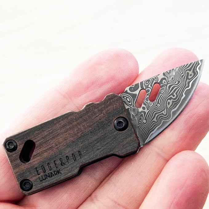 Edge &amp Pop Mini Damascus Pocket Knife and Dual Grit Whetstone Bundle
