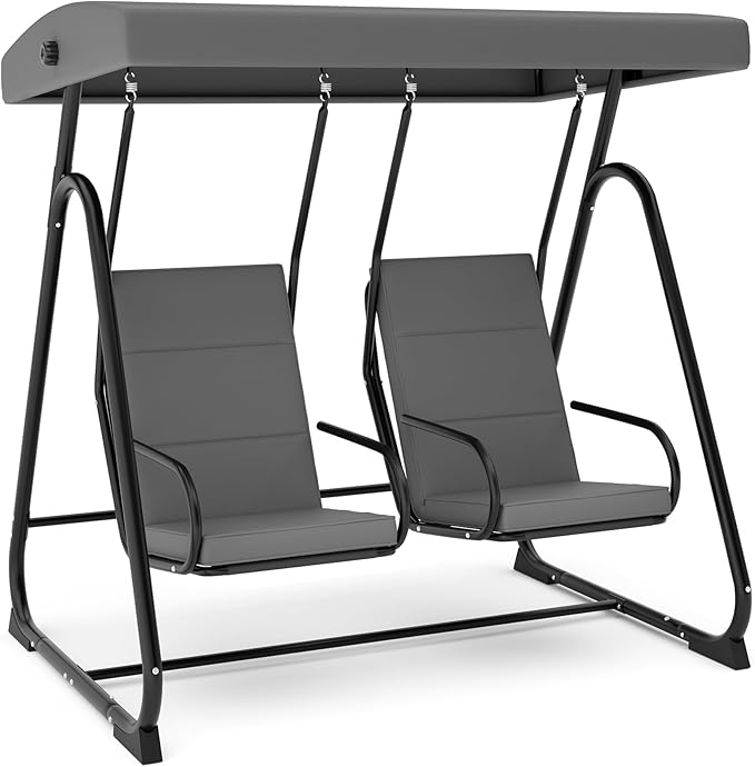 2-Person Patio Swing Chair with Adjustable Canopy - Heavy Duty Outdoor Swing Glider with Removable Cushions for Porch Garden Poolside &amp Backyard Relaxation Dark Grey