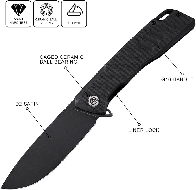 Petrified fish PFB02 Loco Pocket Knife 3.70 D2 Satin Blade Camping Knife 5.29oz G10 Handle Flipper Liner lock Folding knife for EDC (Black Black Stonewashed)