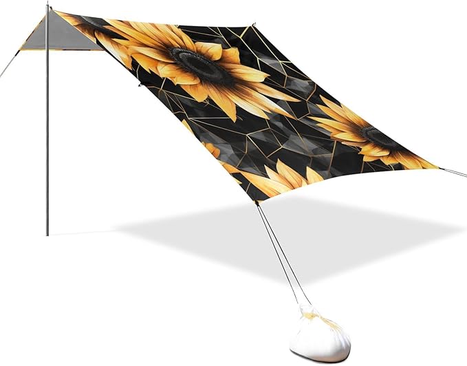 ALAZA Golden Polygonal Shape Watercolor Sunflower on Black Beach Tent Sun Shelter Portable Canopy Sunshade for Outdoor Camping Picnics Backyard Fun 10x9 ft