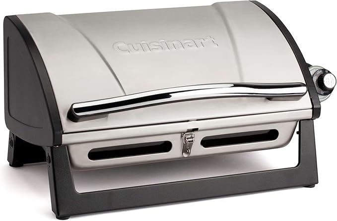 Cuisinart Grillster Portable Gas Grill Stainless Steel Compact BBQ Grill with Locking Lid for Easy Transport 8000 BTU Propane Grill with Dishwasher Safe Cooking Grate Small Grill for Camping &amp