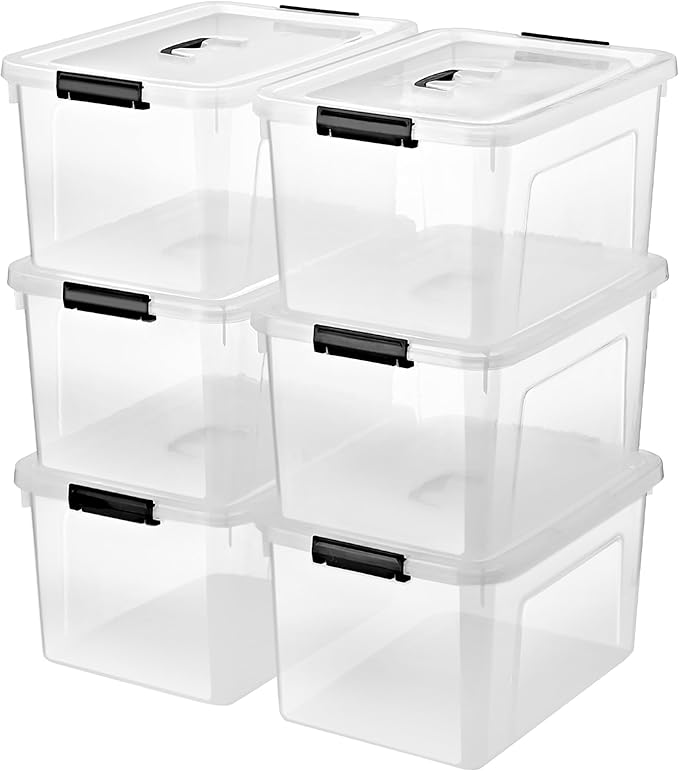19 Quart Plastic Storage Bins with Lids 6-Pack Stackable Clear Storage Organizing Box with Handle