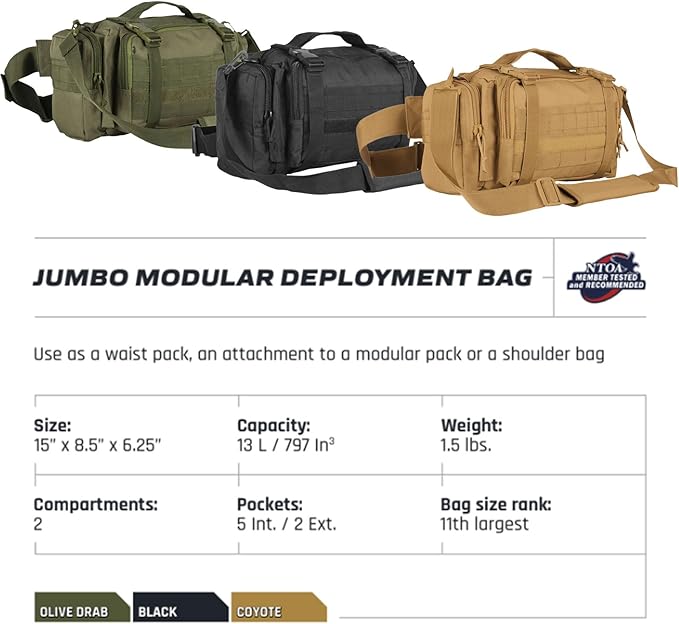 FOX OUTDOOR PRODUCTS Jumbo Modular Deployment Bag | Tactical Shoulder Bag Waist Pack &amp Go-Bag w/ Organizer Pockets &amp Webbing