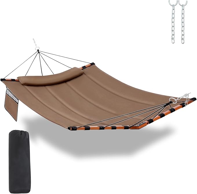 TegerDeger 12FT 2 Person Hammock Large Hammock 450LB Capacity with V Shaped Hardwood Spreader Bar &amp Nylon Rope for Outside Patio Garden Backyard Beach Poolside - Brown