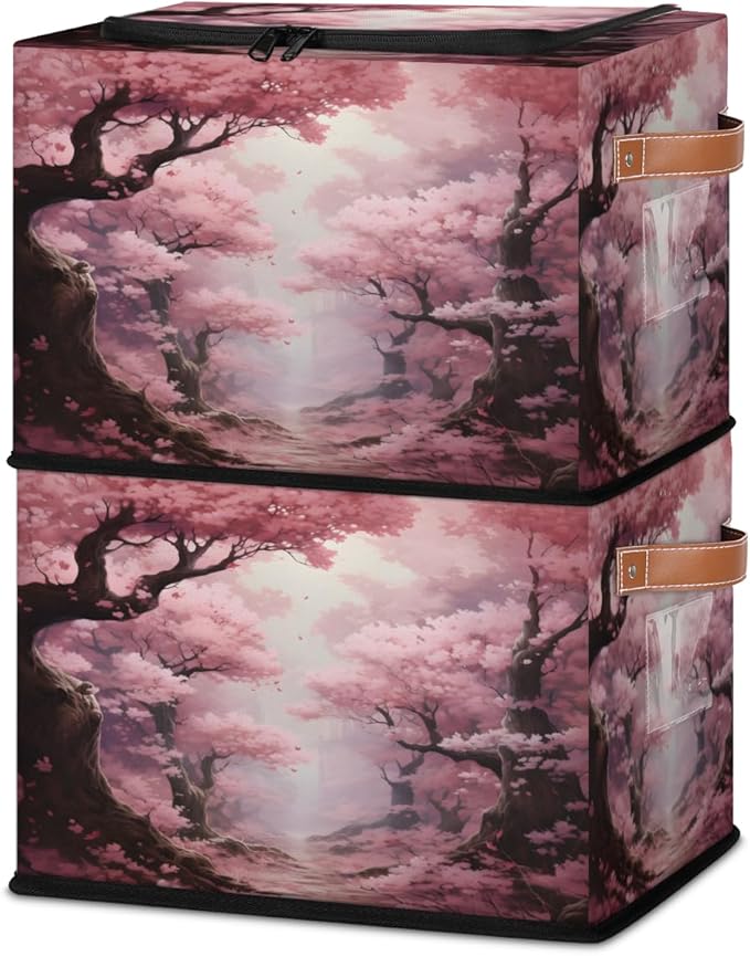 KOBLEN Pink Cherry Blossoms Storage Basket Collapsible Rectangular Storage Bins with Zipper Lid Handle Closet Shelf Cloth Organizer Basket for Nursery Bedroom Clothes Toy