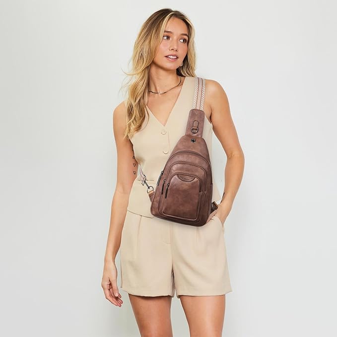 Leresas 10L Crossbody Sling Bag for Women Men Anti Theft Cross Body Fanny Pack Belt Bag Purse Gifts for Women Faux Leather Brown