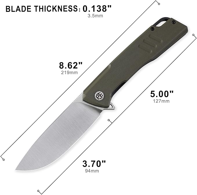 Petrified fish PFB02 Loco Pocket Knife 3.70 D2 Satin Blade Camping Knife 5.29oz G10 Handle Flipper Liner lock Folding knife for EDC (Green Satin)