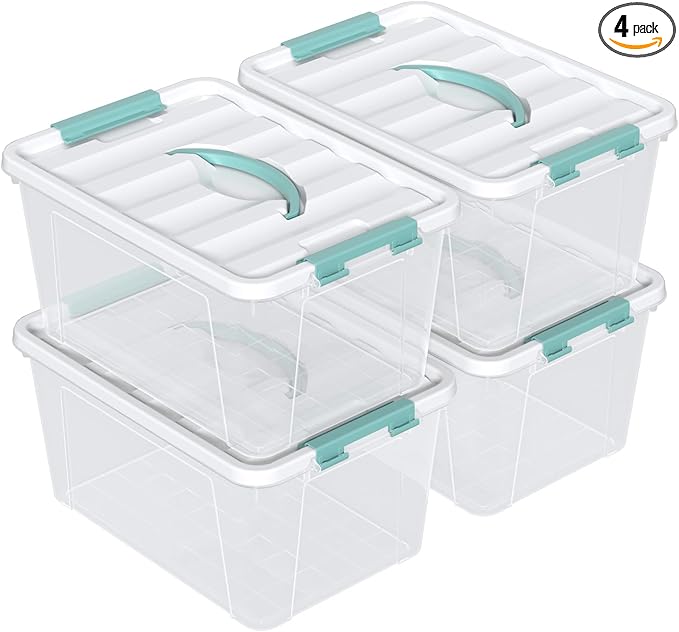 Vababa 14 L Clear Latch Storage Bins with Top Handle 4 Pack Plastic Storage Box with Lid